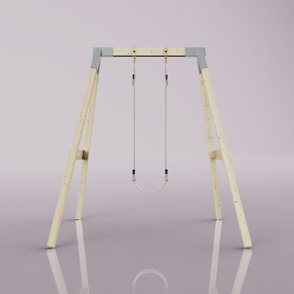 Holz-Schaukelgestell mit einer Einzelschaukel, stabiler A-Rahmen-Konstruktion, Metall-Verbindern und flexiblem Sitz.
