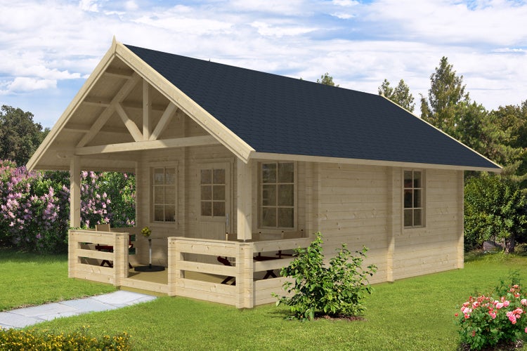 Holzgartenhaus mit überdachter Veranda und dunklem Dach