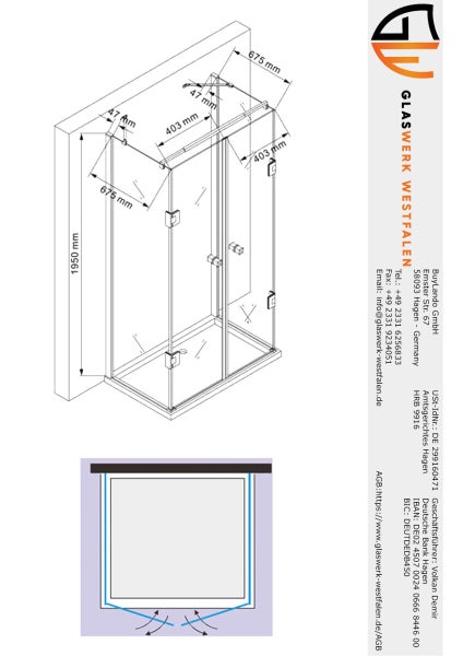 Technische Zeichnung einer Duschkabine mit Maßangaben.
