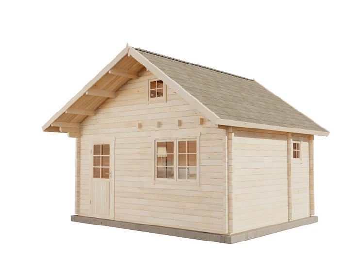 Gartenhaus aus Holz mit Satteldach, Tür mit Lichtausschnitt, Doppelfenster und kleinem Giebelfenster.