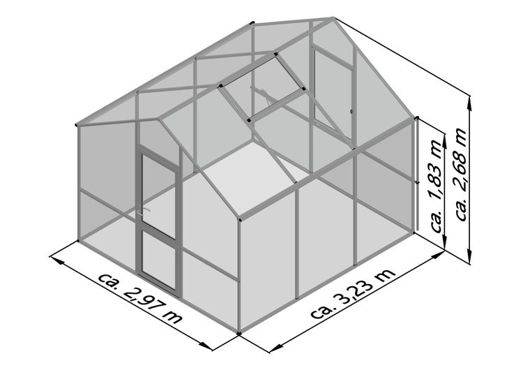 Gewächshaus mit Maßen: Breite circa 2,97 Meter, Länge circa 3,23 Meter, Seitenhöhe circa 1,83 Meter, Gesamthöhe circa 2,68 Meter.