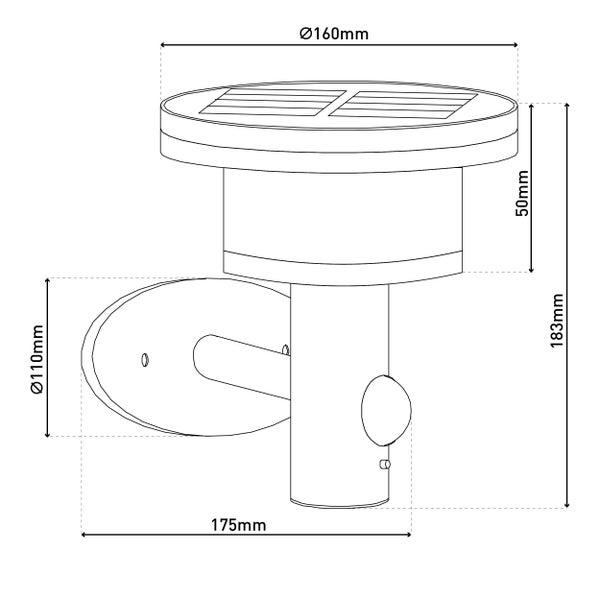 Technische Zeichnung einer Solar Wandleuchte mit Maßangaben