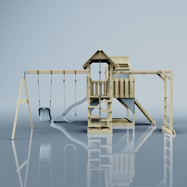 Spielplatz mit Schaukel, Rutsche, Kletterwand und Sandkasten aus Holz