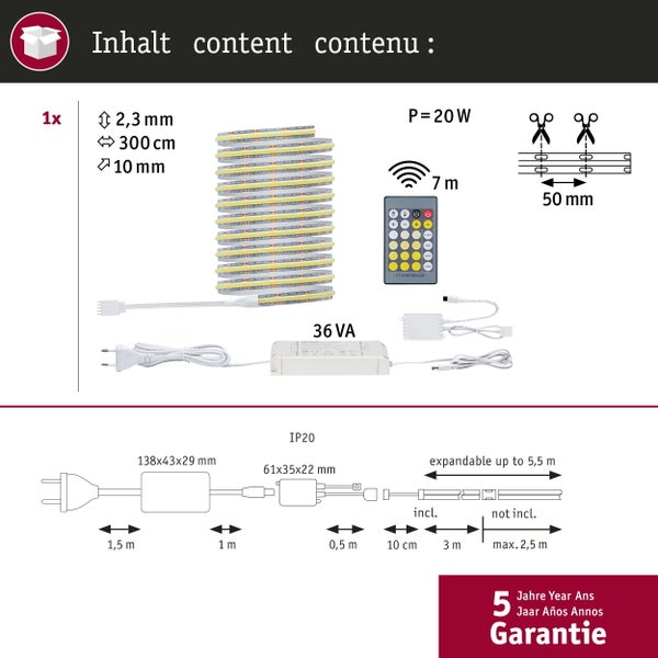 LED Streifen Set inklusive Netzteil und Controller mit detaillierter Maßangabe zur Installation und Schnittmarken zur individuellen Kürzung