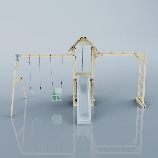 Spielplatz mit Schaukel, Rutsche und Kletterleiter aus Holz