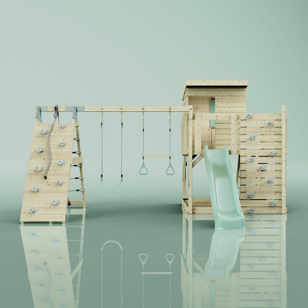 Spielturm aus Holz mit Rutsche, Schaukel, Kletterwand, Kletterseil und Turnringen für Kinder.