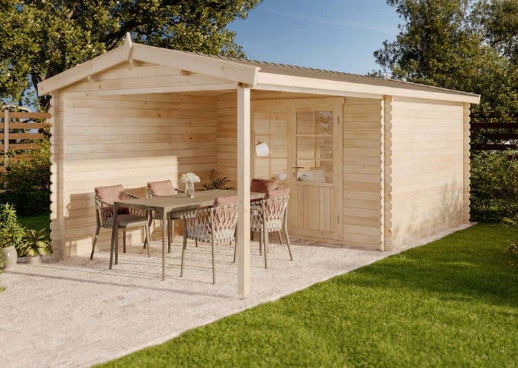 Alpholz Gartenhaus Ruben-28 Gartenhaus aus Holz in Pinie, Holzhaus mit 28 mm Wandstärke inklusive Terrasse, Blockbohlenhaus mit Montagematerial imprägniert 6x3,1m