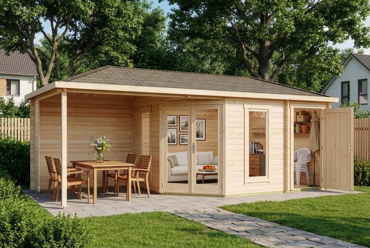 Abbildung eines Holz Gartenhauses mit Terrasse und Einrichtung im Garten