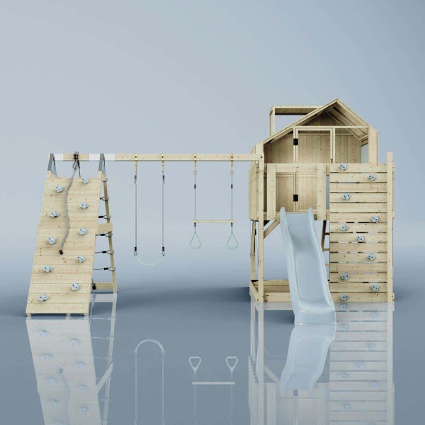 OutdoorToys Spielturm Oscar aus Holz in Blau Trapezstange