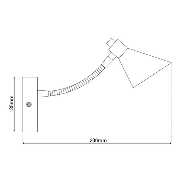 Technische Zeichnung einer Wandleuchte mit flexiblen Arm und den Maßangaben 135 mm und 230 mm.
