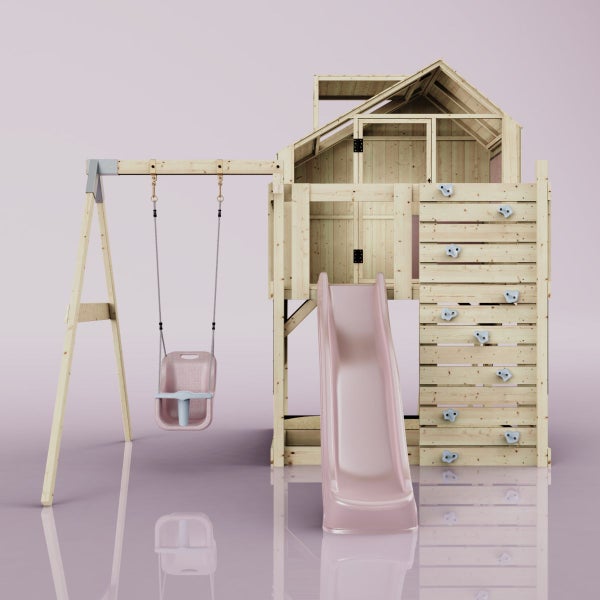 Spielturm aus Holz mit Rutsche, Schaukel und Kletterwand für den Außenbereich