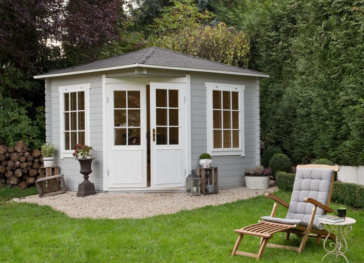 Alpholz 5-Eck Gartenhaus Monica Gartenhaus aus Holz in Pinie, Holzhaus mit 28 mm Wandstärke, Blockbohlenhaus mit Montagematerial imprägniert 3x3m
