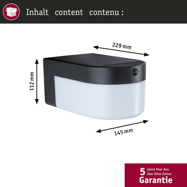 Solar-Wandleuchte mit Maßen: Höhe 112 Millimeter, Breite 229 Millimeter, Tiefe 145 Millimeter. Mit fünf Jahren Garantie.