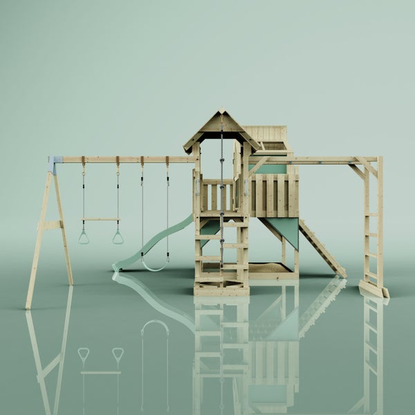 Holzspielturm mit Schaukel, Rutsche und Kletterseil für den Garten