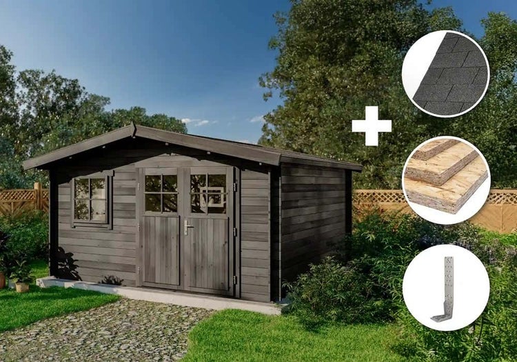 Modernes Gartenhaus aus Holz mit Satteldach, inklusive Dachschindeln, Fußbodenplatten und Sturmsicherung in einem Garten.