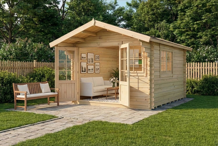 Holzgartenhaus mit Terrasse, Bank und Inneneinrichtung im Garten