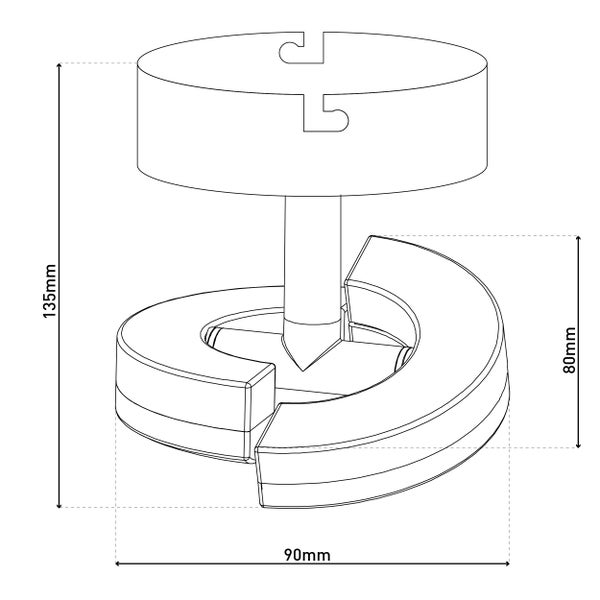 Technische Zeichnung eines Aufhängers mit den Maßen 135 mm Höhe, 90 mm Breite und 80 mm Tiefe