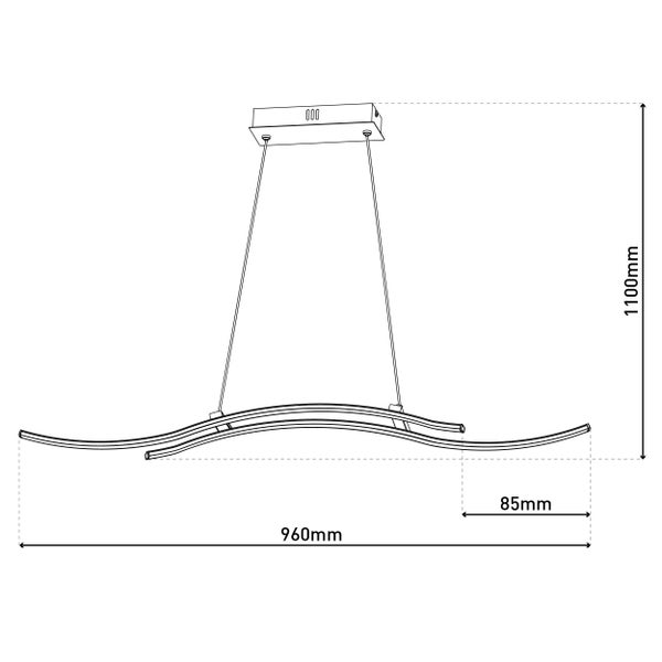 Technische Zeichnung einer Pendelleuchte mit den Maßen 960 mm Länge und 1100 mm Höhe