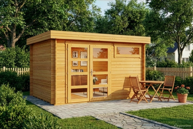 Modernes Gartenhaus aus Holz mit Flachdach und verglaster Doppeltür sowie Fenster auf einer Terrasse mit Gartenmöbeln.
