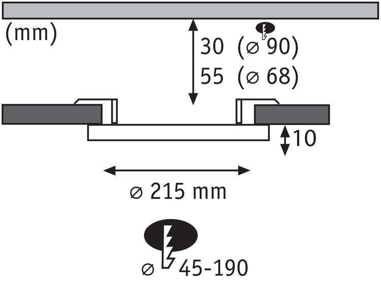 Technische Zeichnung der Einbaumaße für einen Deckeneinbaustrahler mit Angabe von Durchmesser und Einbautiefe in Millimetern.