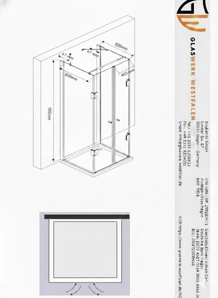 Technische Zeichnung einer Duschkabine mit Maßangaben