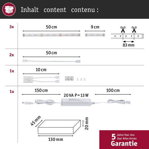 Lieferumfang eines LED Streifen Sets mit drei Leisten, Verbindungskabeln, Controller, Netzteil und Montagezubehör sowie 5 Jahre Garantie.