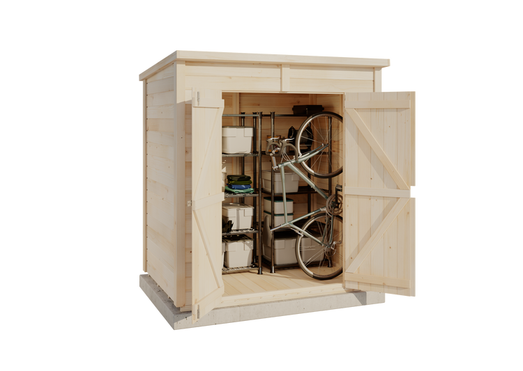 Gartenhaus aus hellem Holz mit geöffneten Doppeltüren, innen mit Regalen, Aufbewahrungsboxen und einem Fahrrad organisiert.