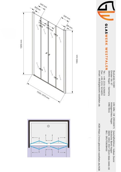 Technische Zeichnung einer Duschkabine mit Maßangaben