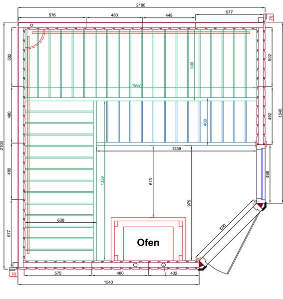 Technischer Grundriss einer Sauna mit detaillierten Maßangaben, Liegebänken und Position des Saunaofens.