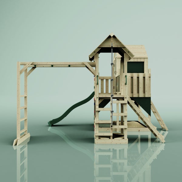 Spielturm aus Holz mit Rutsche, Kletterwand und Sandkasten