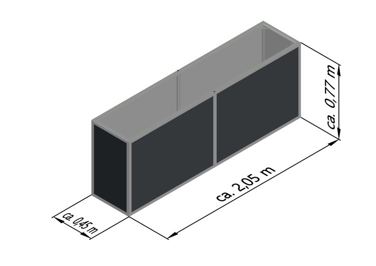 Hochbeet mit Maßen von circa 2,05 Meter Länge, 0,77 Meter Höhe und 0,45 Meter Breite.