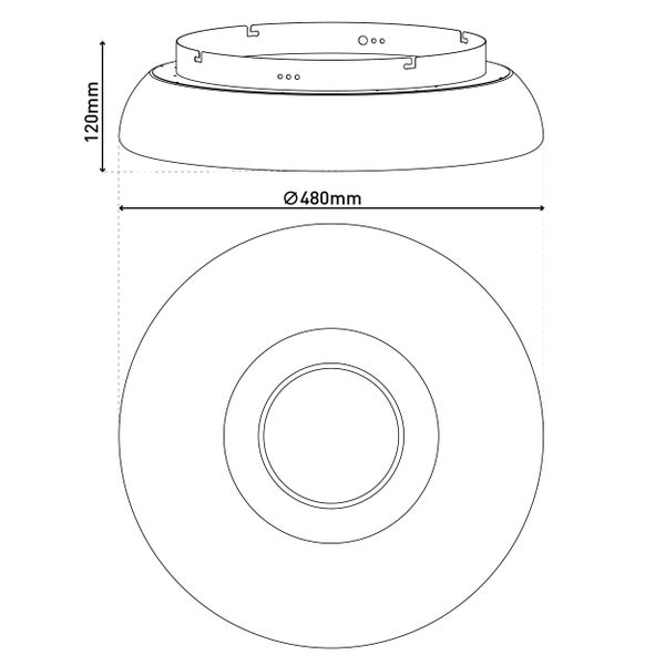 Zeichnung einer Deckenleuchte, Durchmesser 480 Millimeter, Höhe 120 Millimeter