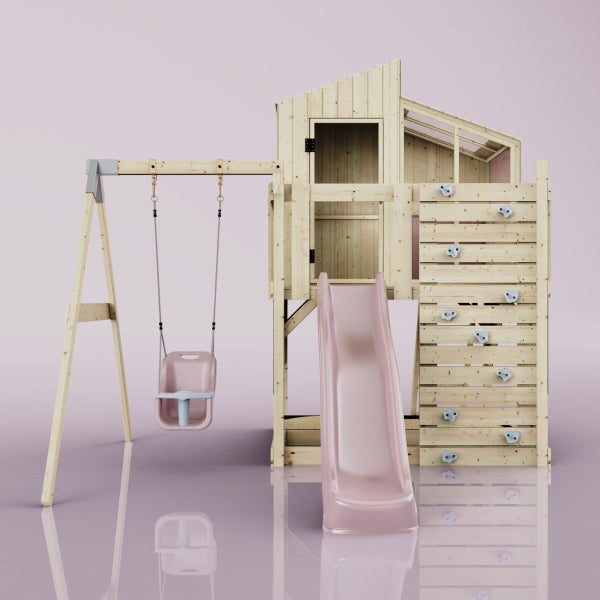 Spielturm mit Schaukel, Rutsche und Kletterwand aus Holz