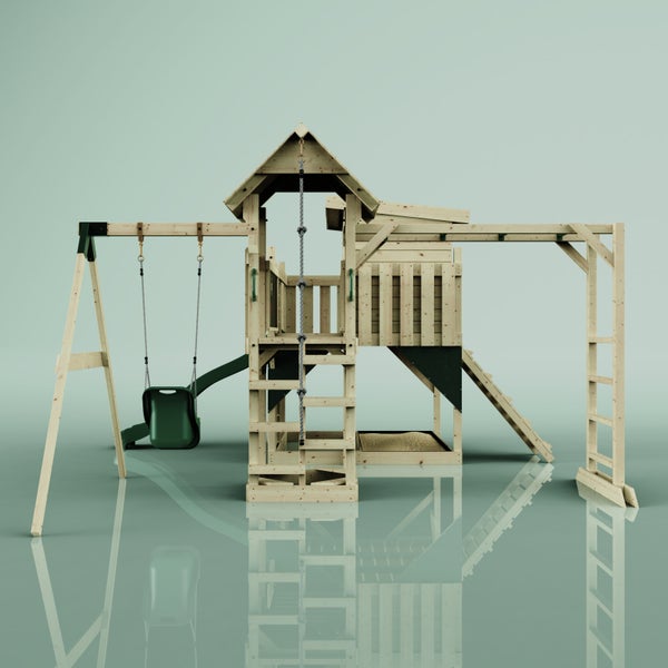 Holzspielturm mit Schaukel, Rutsche, Kletterwand und Sandkasten
