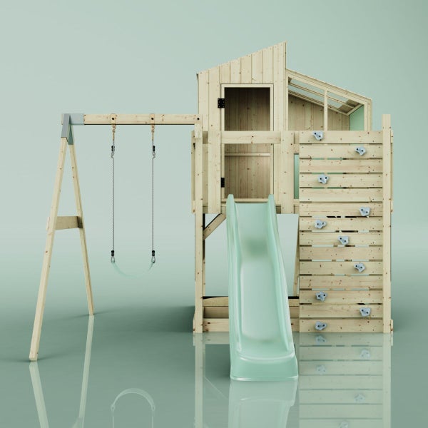 Spielturm mit Schaukel, Rutsche und Kletterwand aus Holz