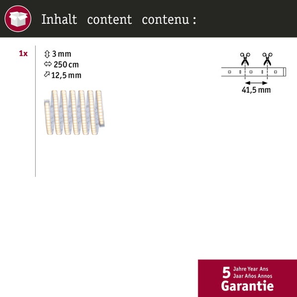Produktverpackung mit technischen Daten für ein LED Einbaustrahler Set von Paulmann inklusive Maßzeichnungen und Montagehinweisen.