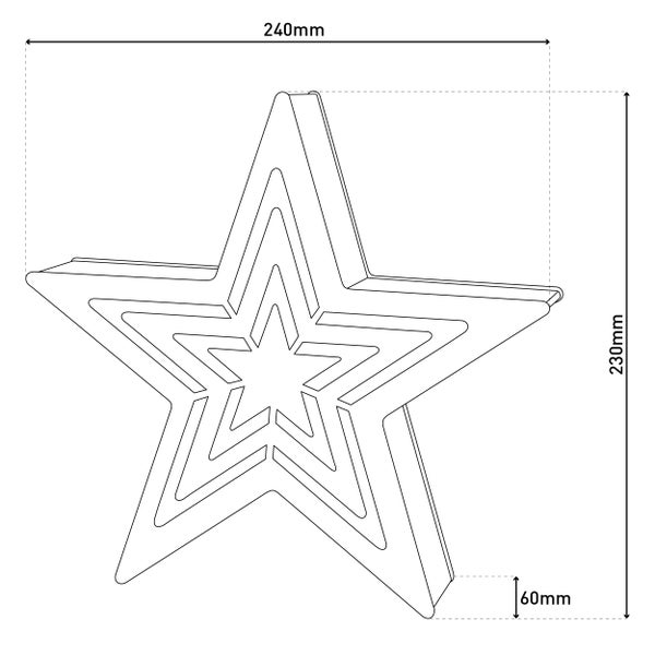 Skizze eines Sterns mit den Maßen 240 mm Breite, 230 mm Höhe und 60 mm Tiefe.