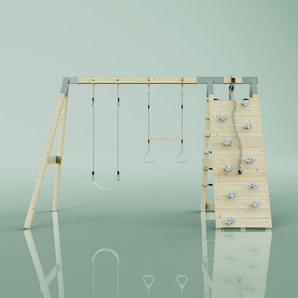 Holz-Schaukelset mit Trapezstange, Turnringen und Kletterwand inklusive Klettersteinen und Seil.