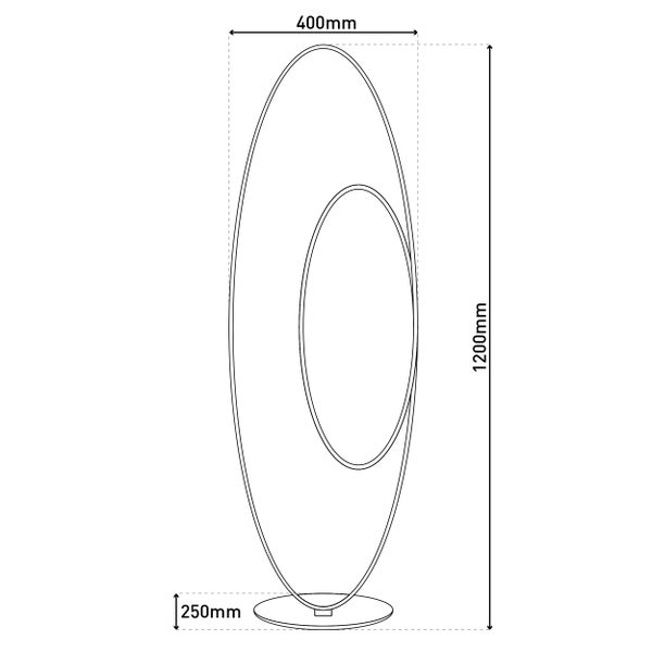 Skizze einer Stehleuchte mit den Maßen 400 mm Breite, 1200 mm Höhe und einem Fuß von 250 mm Breite