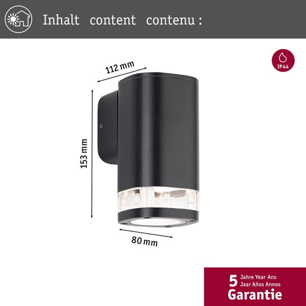 Moderne quaderförmige Außenwandleuchte aus Metall mit direkter Lichtabstrahlung nach unten.