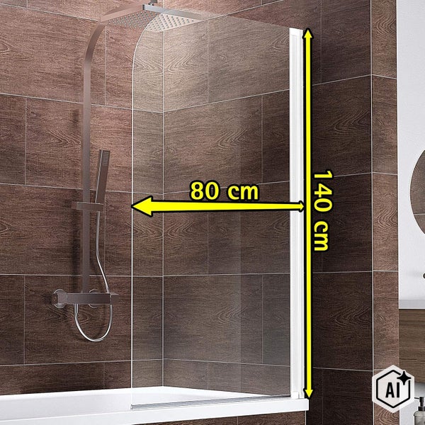 Duschwand aus Glas für die Badewanne mit Maßangaben 80 cm mal 140 cm vor dunkel gefliesten Wänden montiert