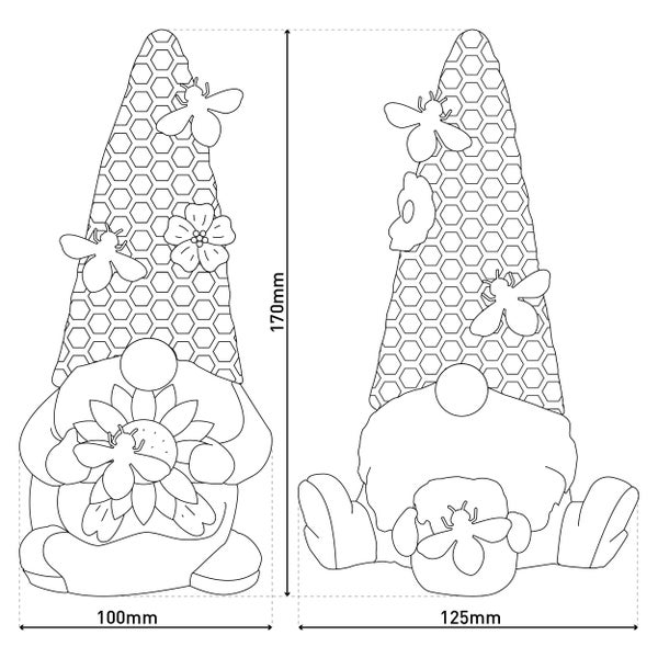 Illustration eines Gartenzwergs mit Bienen- und Blumenmotiven, Abmessungen 170 mm hoch und 100 mm breit