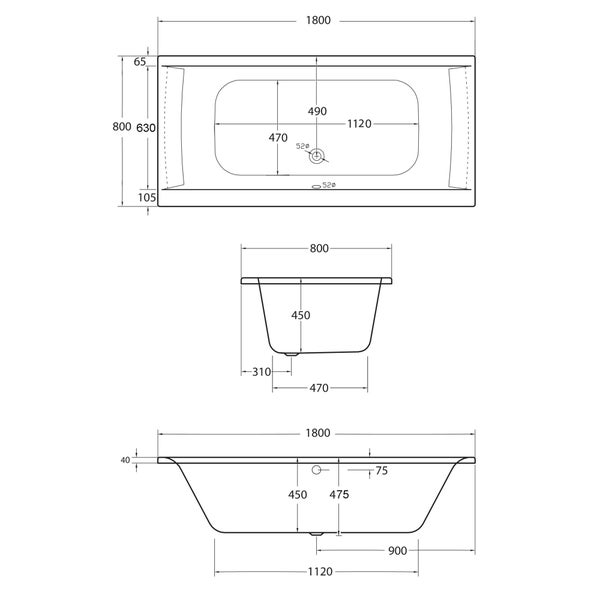 Technische Zeichnung einer Badewanne mit Maßangaben