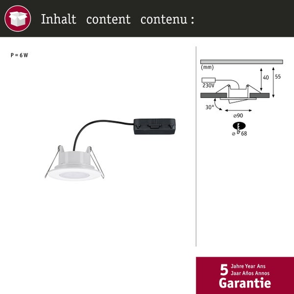 LED Einbauleuchte mit 6 Watt Leistung inklusive technischer Zeichnung der Einbaumaße und fünf Jahren Garantie