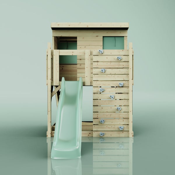 Spielturm aus Holz mit Rutsche, Pultdach und integriertem Sandkasten.