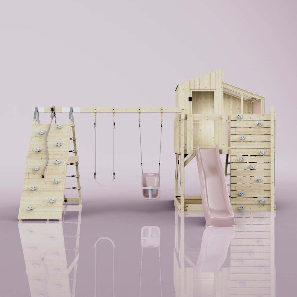 Spielturm aus Holz mit Rutsche, zwei Schaukeln, Kletterwand mit Kletterseil und integriertem Spielhaus.