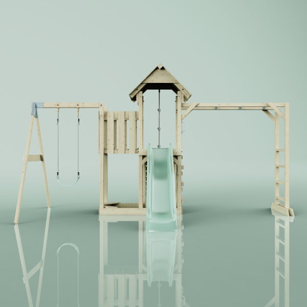 Spielplatzgerät aus Holz mit Schaukel, Rutsche und Kletterleiter