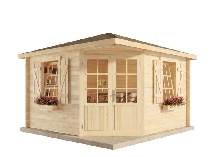 Alpholz 5-Eck Gartenhaus Monica Royal Gartenhaus aus Holz, Holzhaus mit 40 mm Wandstärke, Blockbohlenhaus mit Montagematerial, Naturbelassen 3,5x3,5m