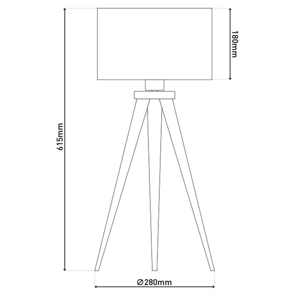 Technische Zeichnung einer Stehlampe mit den Maßen 615 mm Höhe, Lampenschirm 180 mm Höhe und Lampenfuß 280 mm Durchmesser