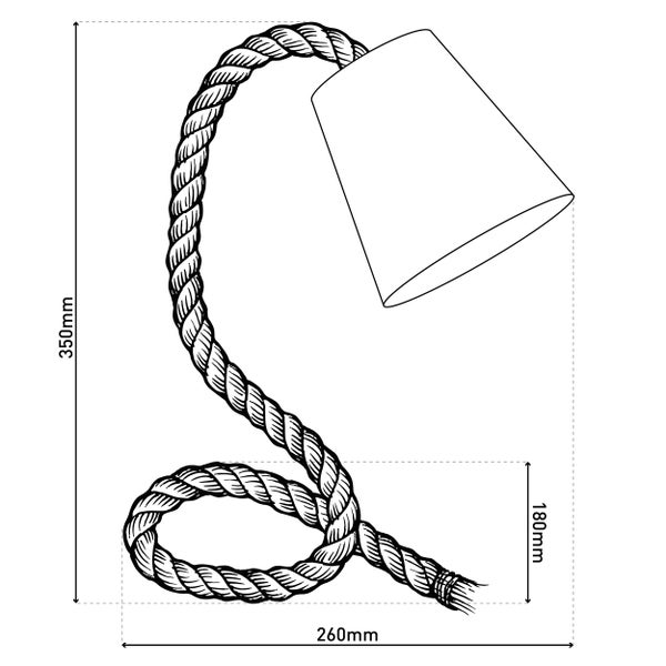 Technische Zeichnung einer Lampe mit Seiloptik, Abmessungen 350 mm Höhe und 260 mm Breite